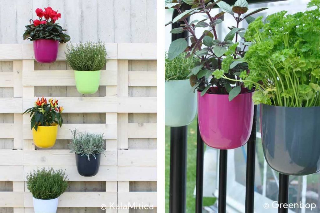 Ideen für einen vertikalen Garten auf dem Balkon mit Kräutern in magnetischen Pflanztöpfen