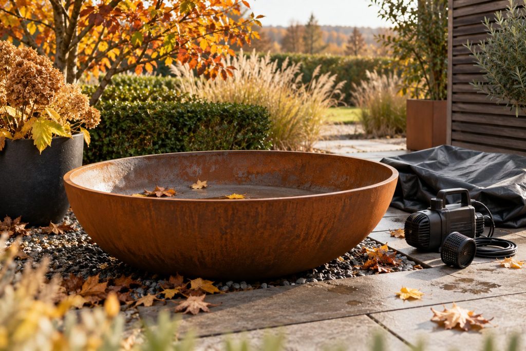 Wasserbecken aus Cortenstahl im herbstlichen Garten mit ausgebauter Brunnenpumpe und Abdeckplane