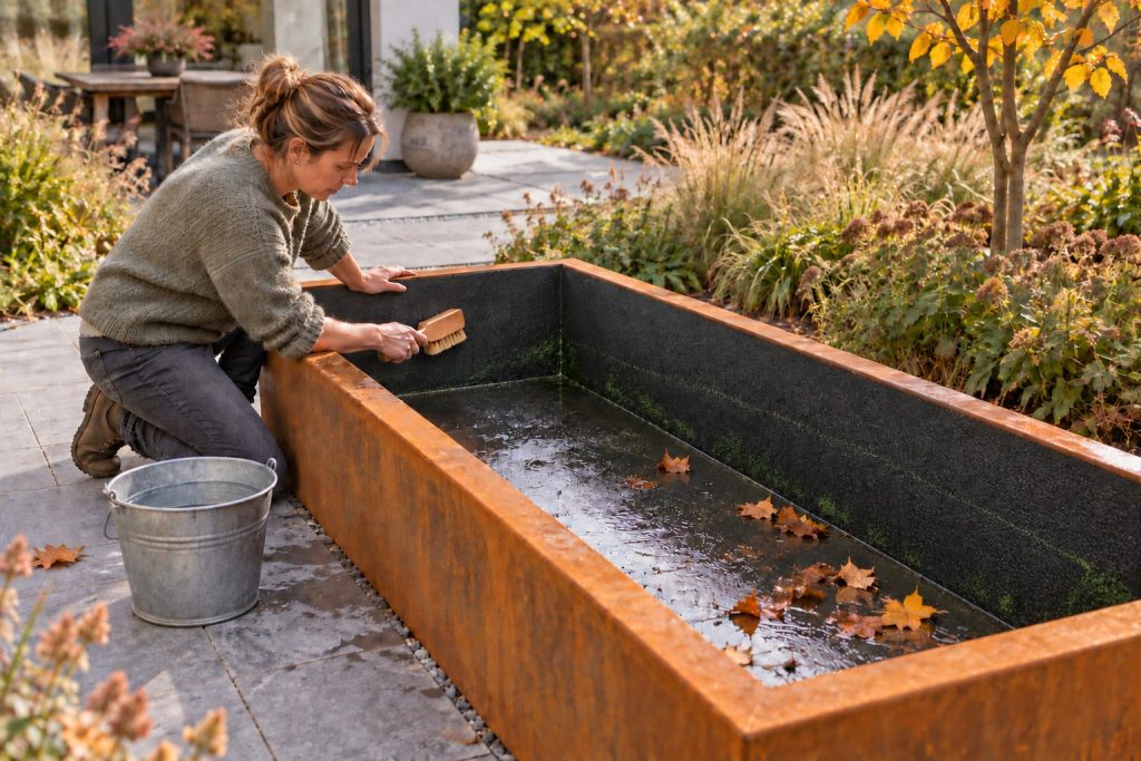 Reinigung eines entleerten Cortenstahl-Wasserbeckens mit einer weichen Bürste im Herbst