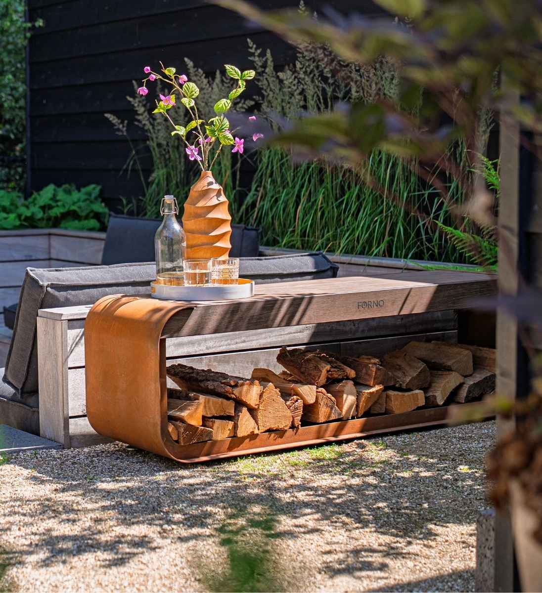 Holzlager Bank aus Cortenstahl 150 cm Serie SERRA