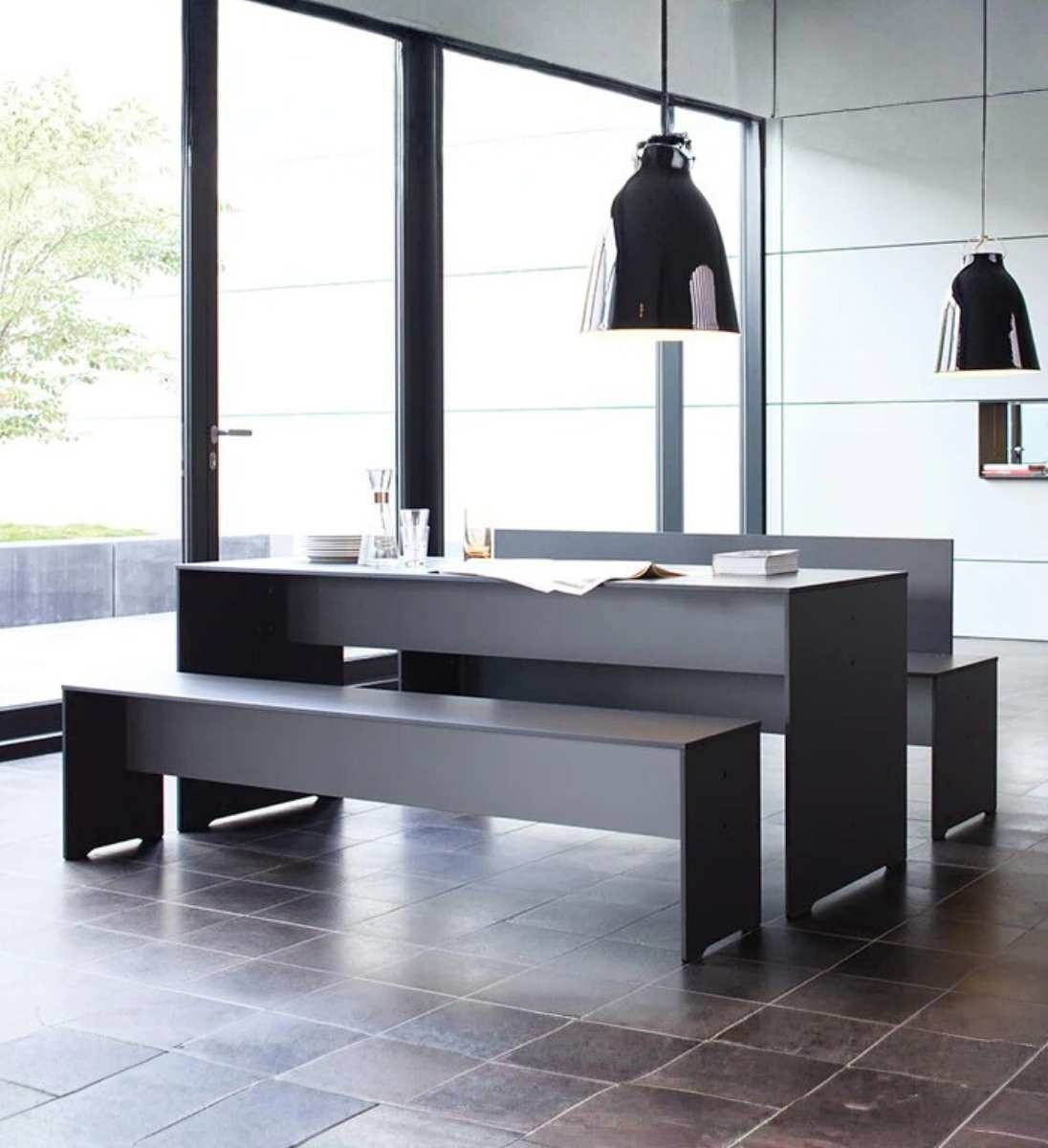 conmoto RIVA Bank mit Rückenlehne aus HPL in Anthrazit Set mit Tisch