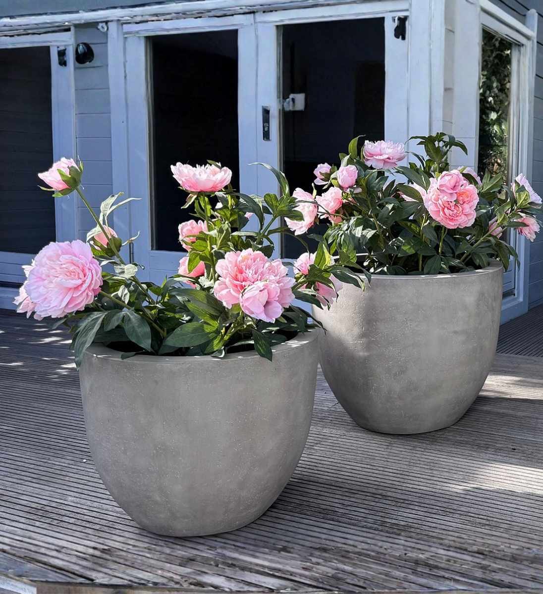 Runder Beton-Pflanzkübel im Garten mit Rosen bepflanzt