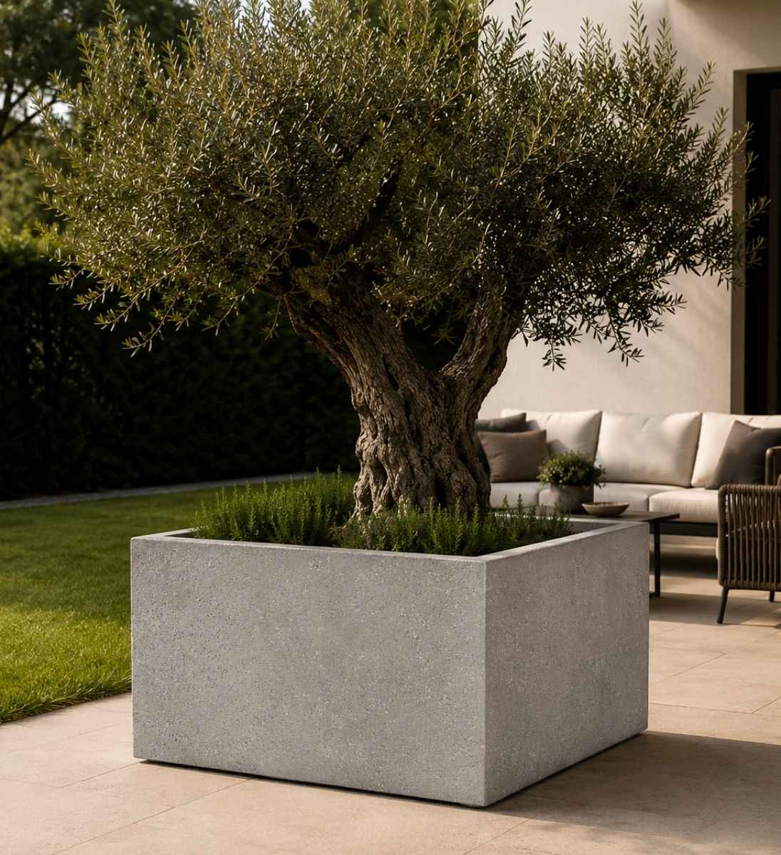 Pflanzkübel aus Beton XXL 100x100 cm auf Terrasse bepflanzt mit Olivenbaum