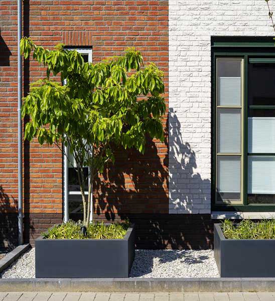 Anthrazitfarbene Fiberglas-Pflanzkübel in Einfahrt bepflanzt mit Sträuchern