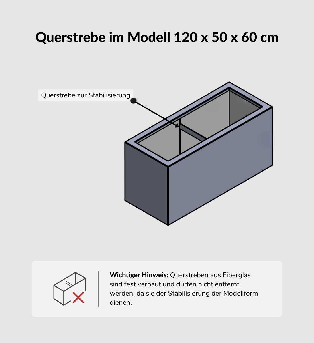 Pflanzkübel Fiberglas BUXUS Anthrazit 120 x 50 x 60 cm Technische Zeichnung mit Querstrebe