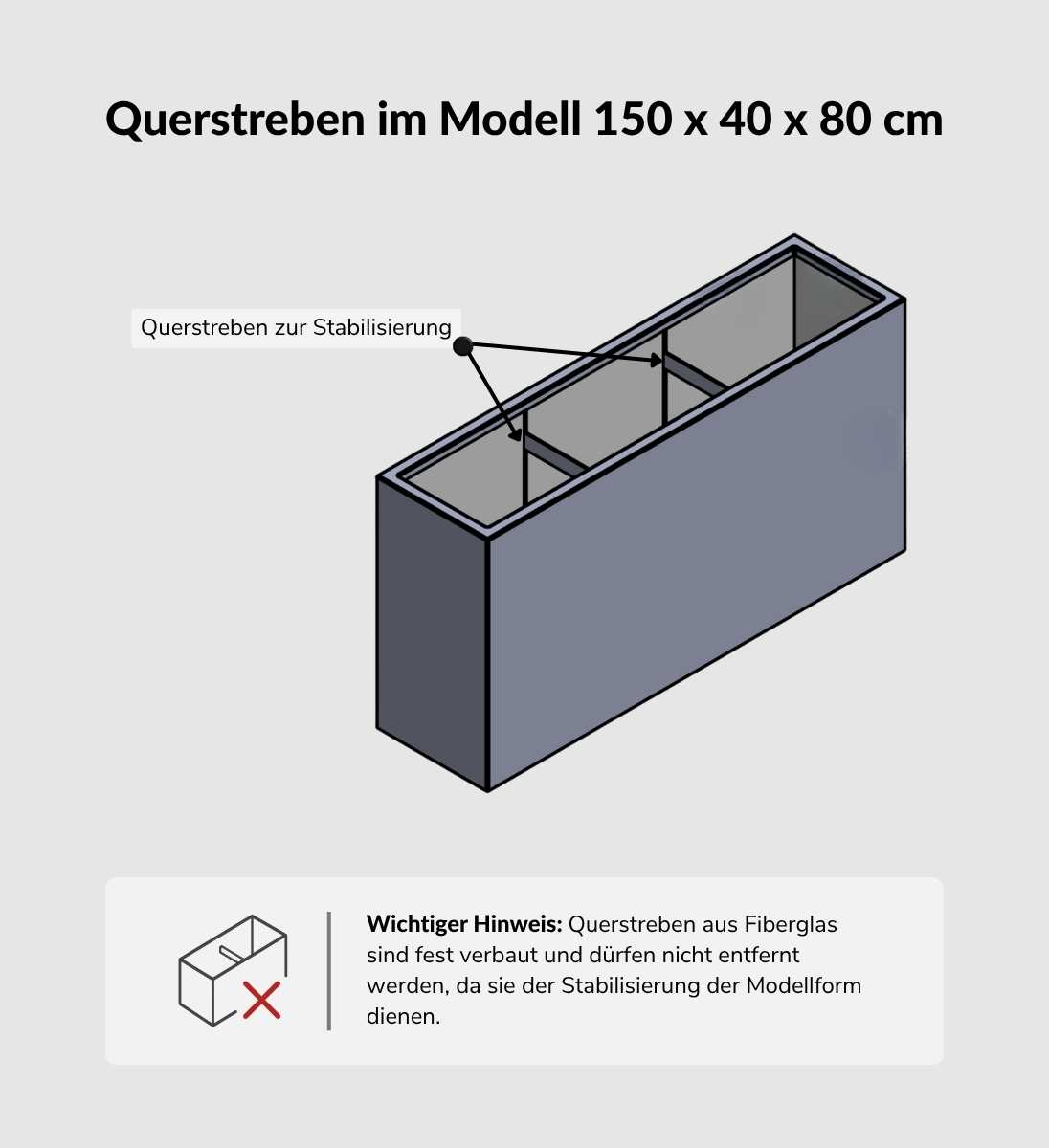 Pflanzkübel Fiberglas Anthrazit BUXUS 150 x 40 x 80 cm Technische Zeichnung mit Querstreben