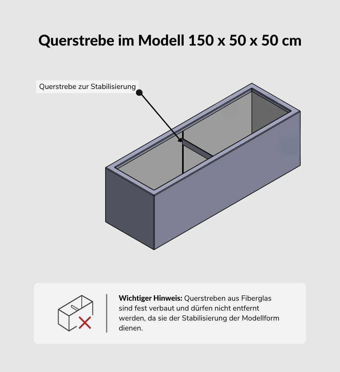 Pflanzkübel Fiberglas Anthrazit BUXUS 150 x 50 x 50 cm Technische Zeichnung mit Querstrebe