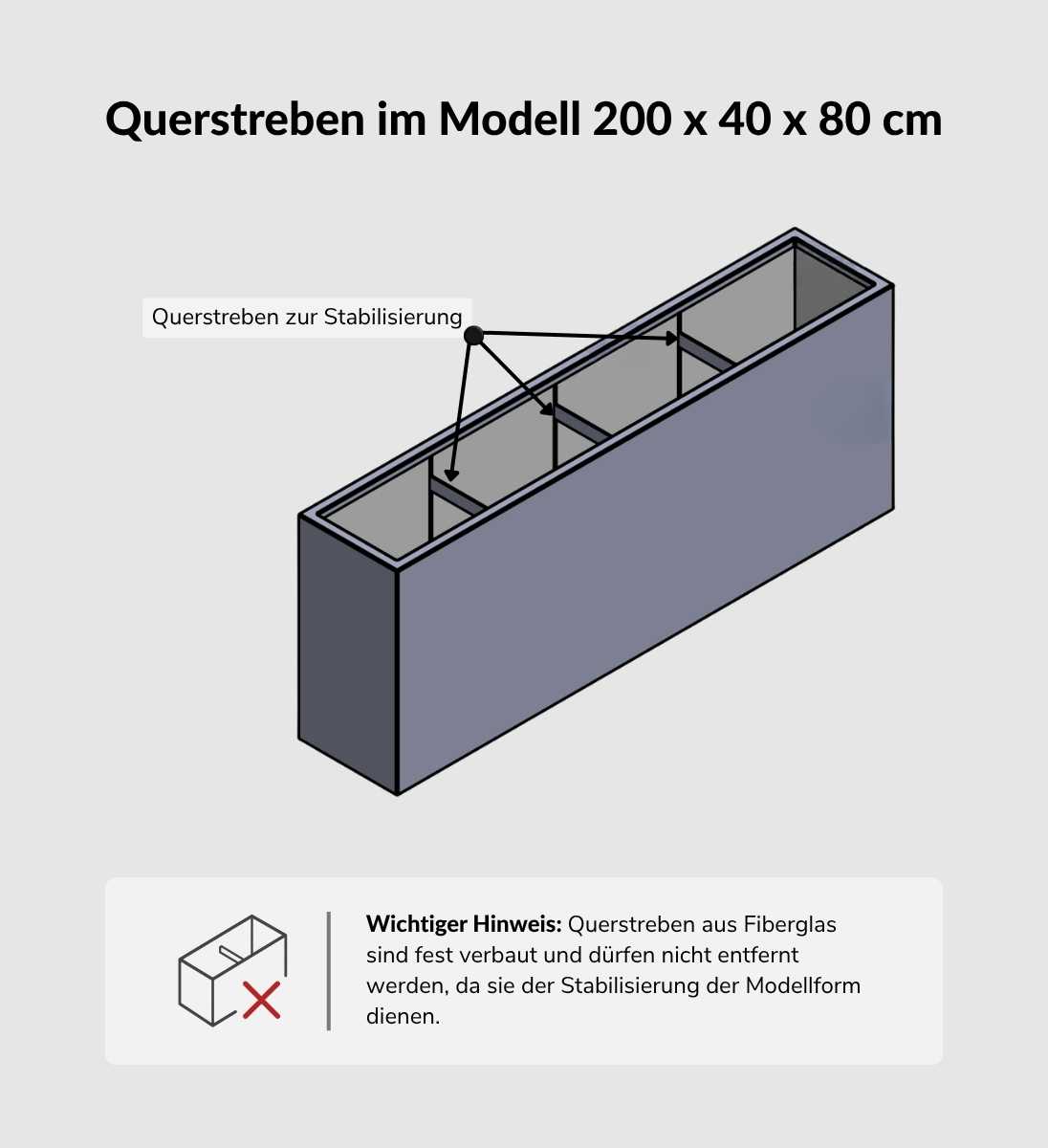 Pflanzkübel Fiberglas Anthrazit BUXUS 200 x 40 x 80 cm Technische Zeichnung mit Querstreben