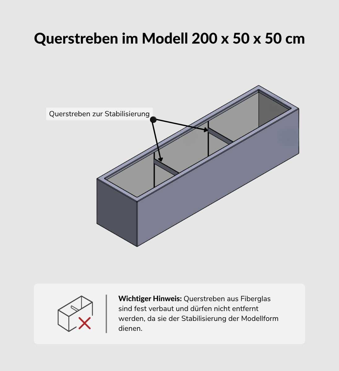 Pflanzkübel Fiberglas BUXUS Anthrazit 200 x 50 x 50 cm Technische Zeichnung mit Querstreben