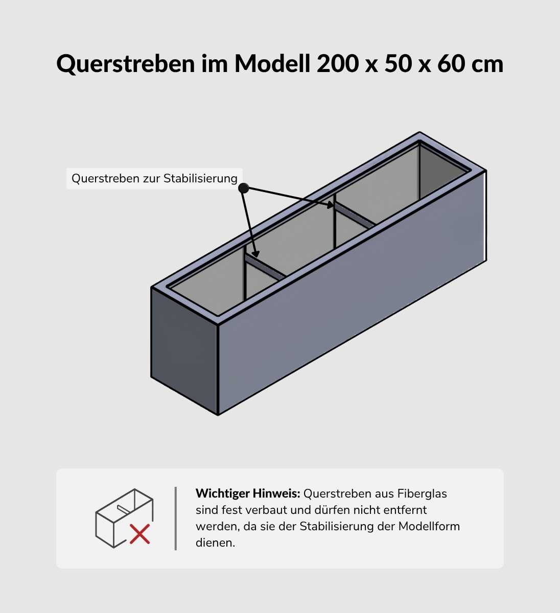Pflanzkübel Fiberglas Anthrazit BUXUS 200 x 50 x 60 cm Technische Zeichnung mit Querstreben