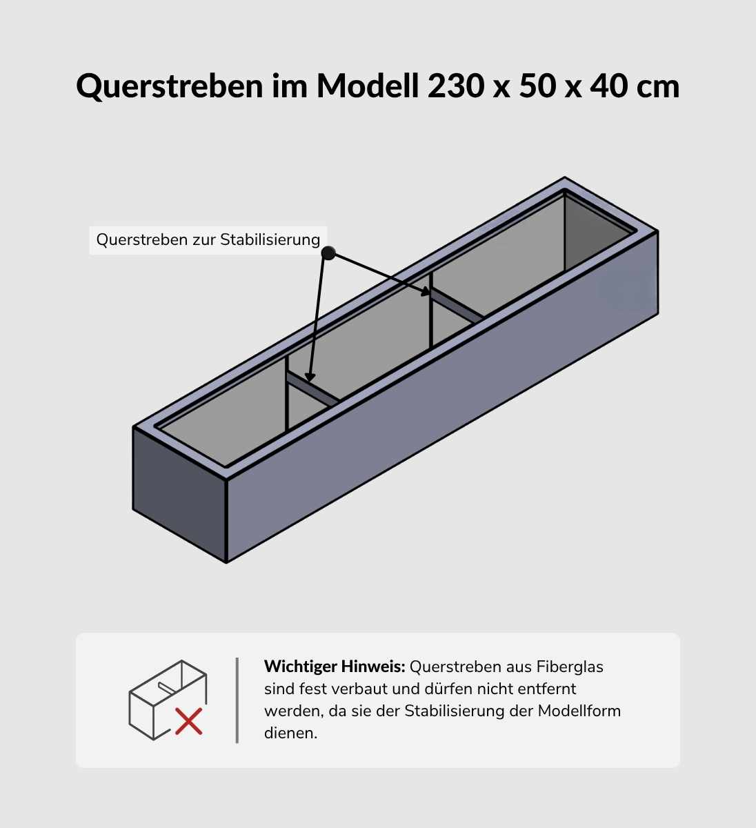 Pflanzkübel Fiberglas BUXUS Anthrazit 230 x 50 x 40 cm Technische Zeichnung mit Querstreben
