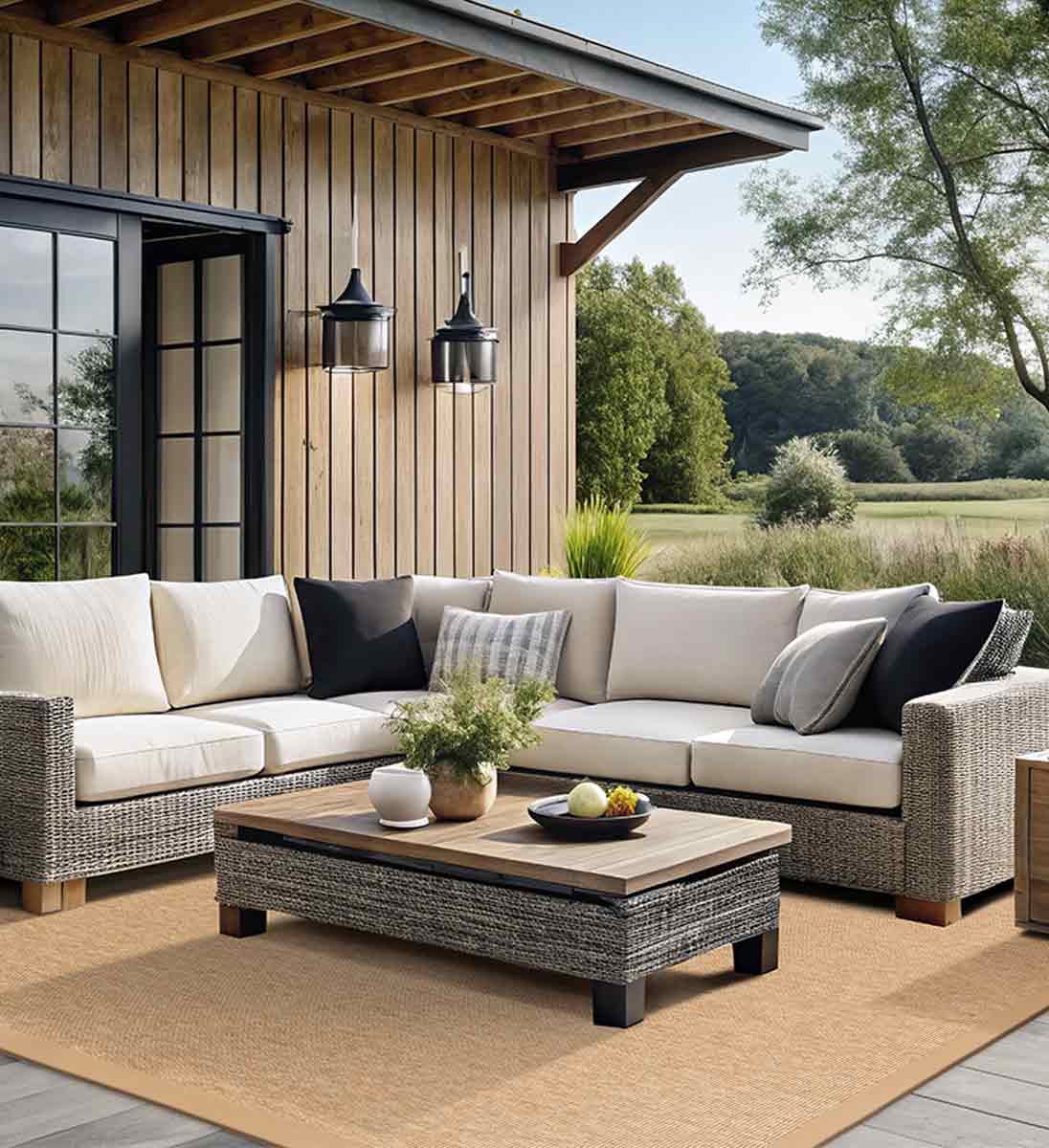 Outdoor-Teppich in Beige in Sisaloptik auf der Terrasse