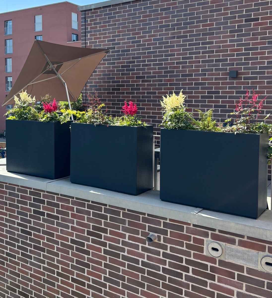 Pflanzkübel lang hoch als Sichtschutz auf Dachterrasse