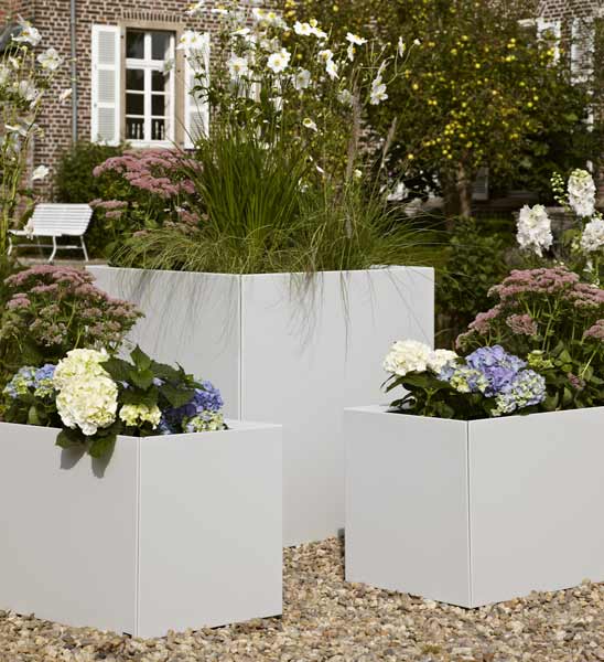 Pflanzkübel Metall weiß als Sichtschutz mit Bepflanzung im Garten