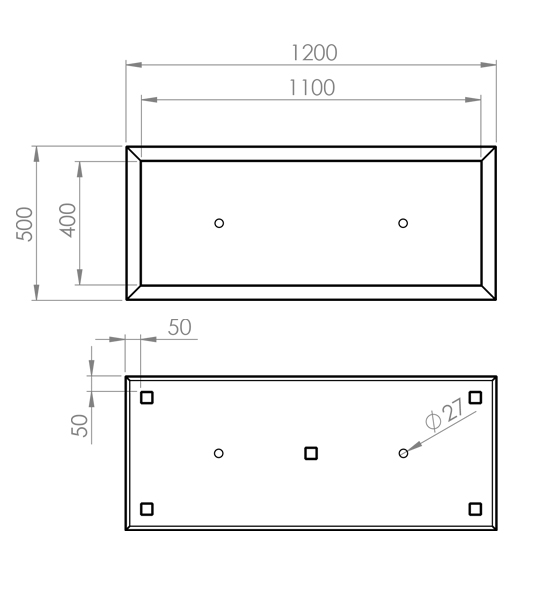 Pflanzkübel Cortenstahl 120 x 50 x 60 cm technische Zeichnung