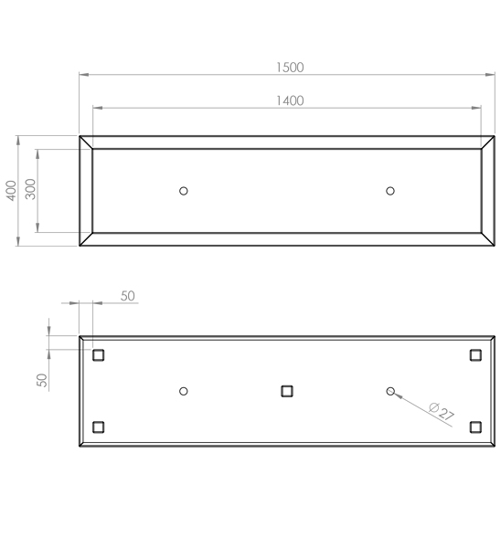 Pflanzkübel Cortenstahl 150 x 40 x 40 cm technische Zeichnung