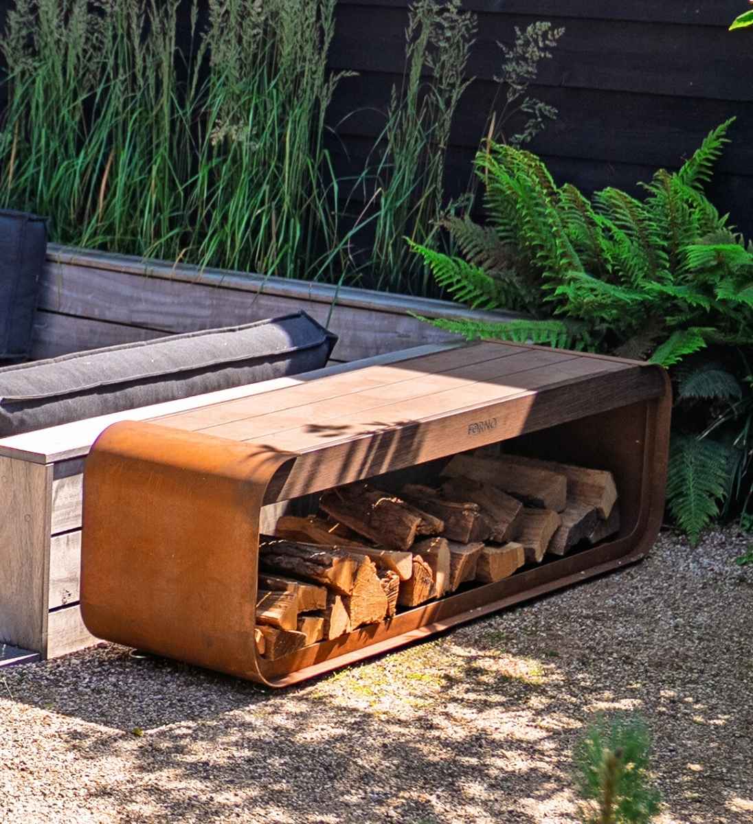 Premium Cortenstahl Bank mit Holzlager 150 cm für Aussen