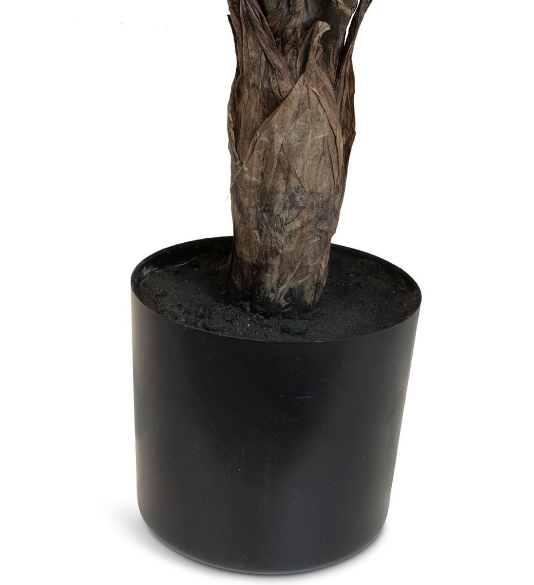 Detailansicht des schwarzen Pflanztopfs der Elefantenohr Kunstpflanze Alocasia