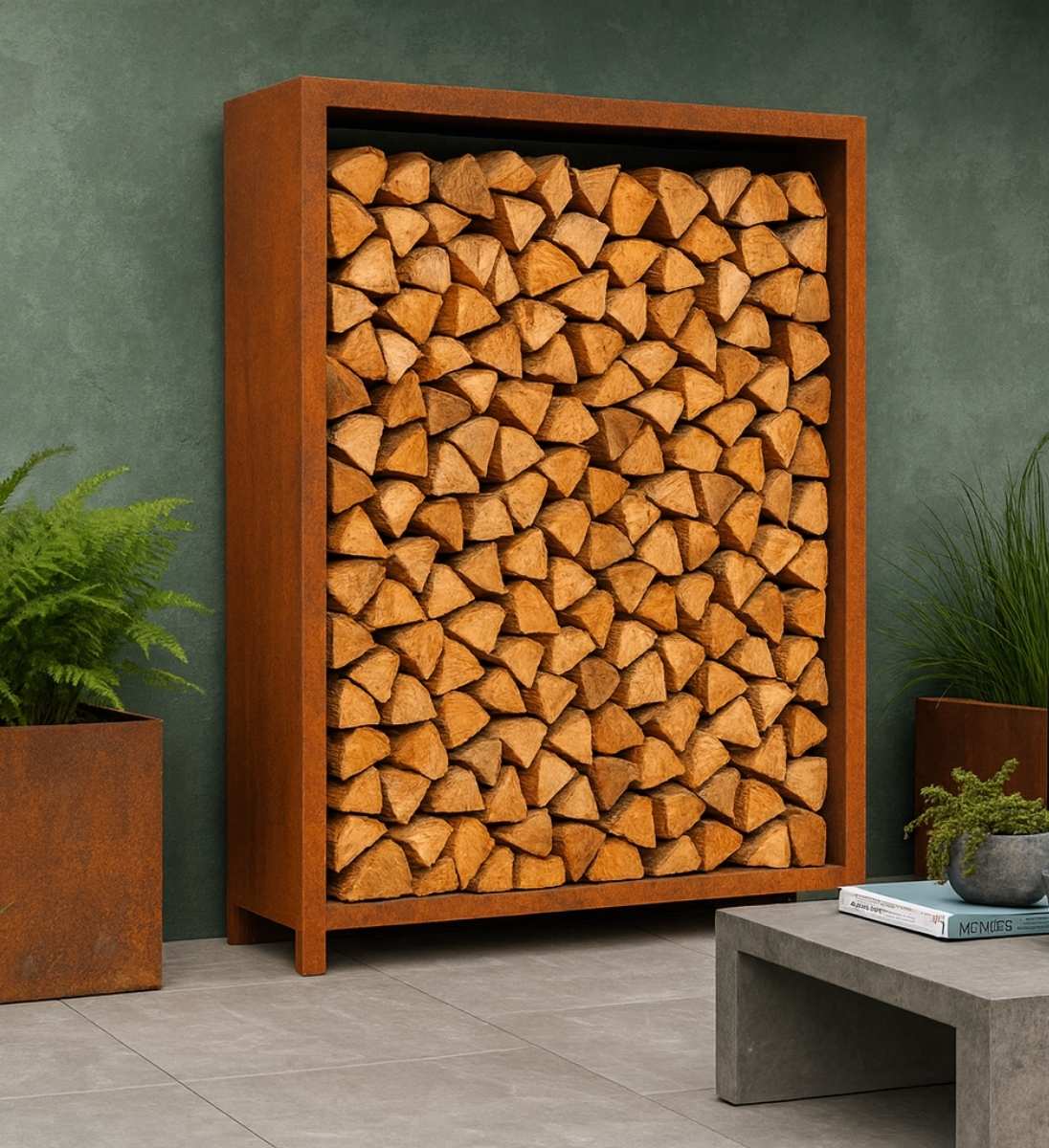 Holzlager aus Cortenstahl für Terassengestaltung, perfekt mit Cortenstahl Gefäß