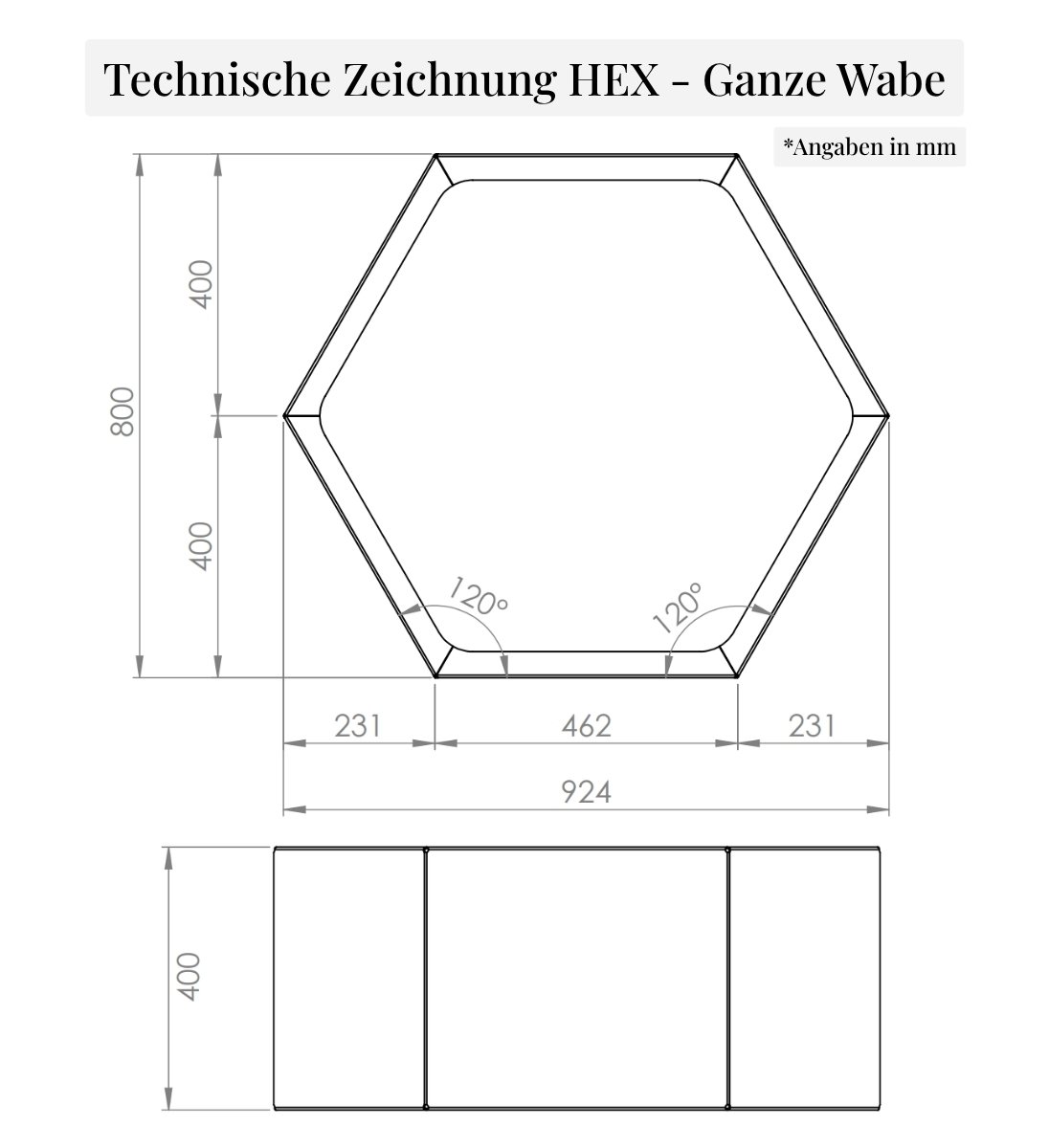 Holzlager-System Cortenstahl HEX Technische Zeichnung der ganzen Wabe