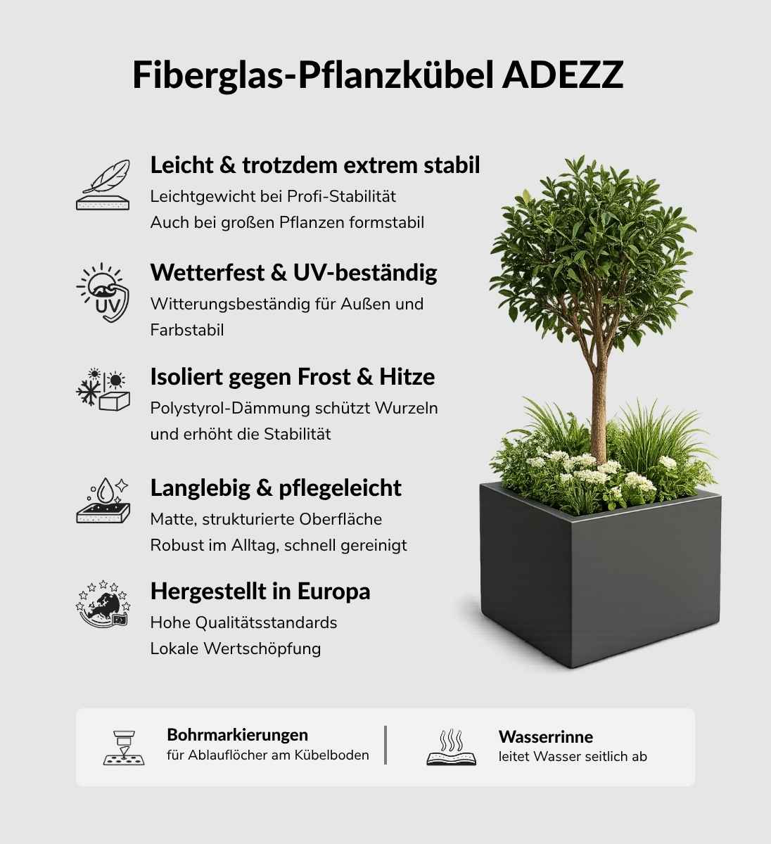 Eckige Pflanzkübel auf Rollen für die Terrasse