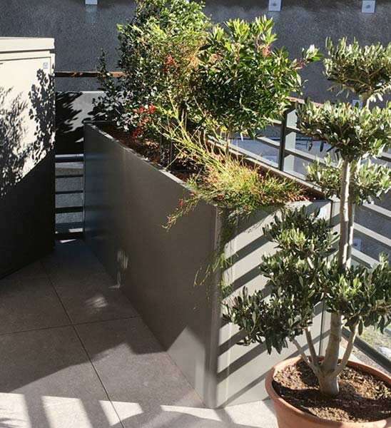 hohes schmales Pflanzbeet in grau als Sichtschutz auf dem Balkon