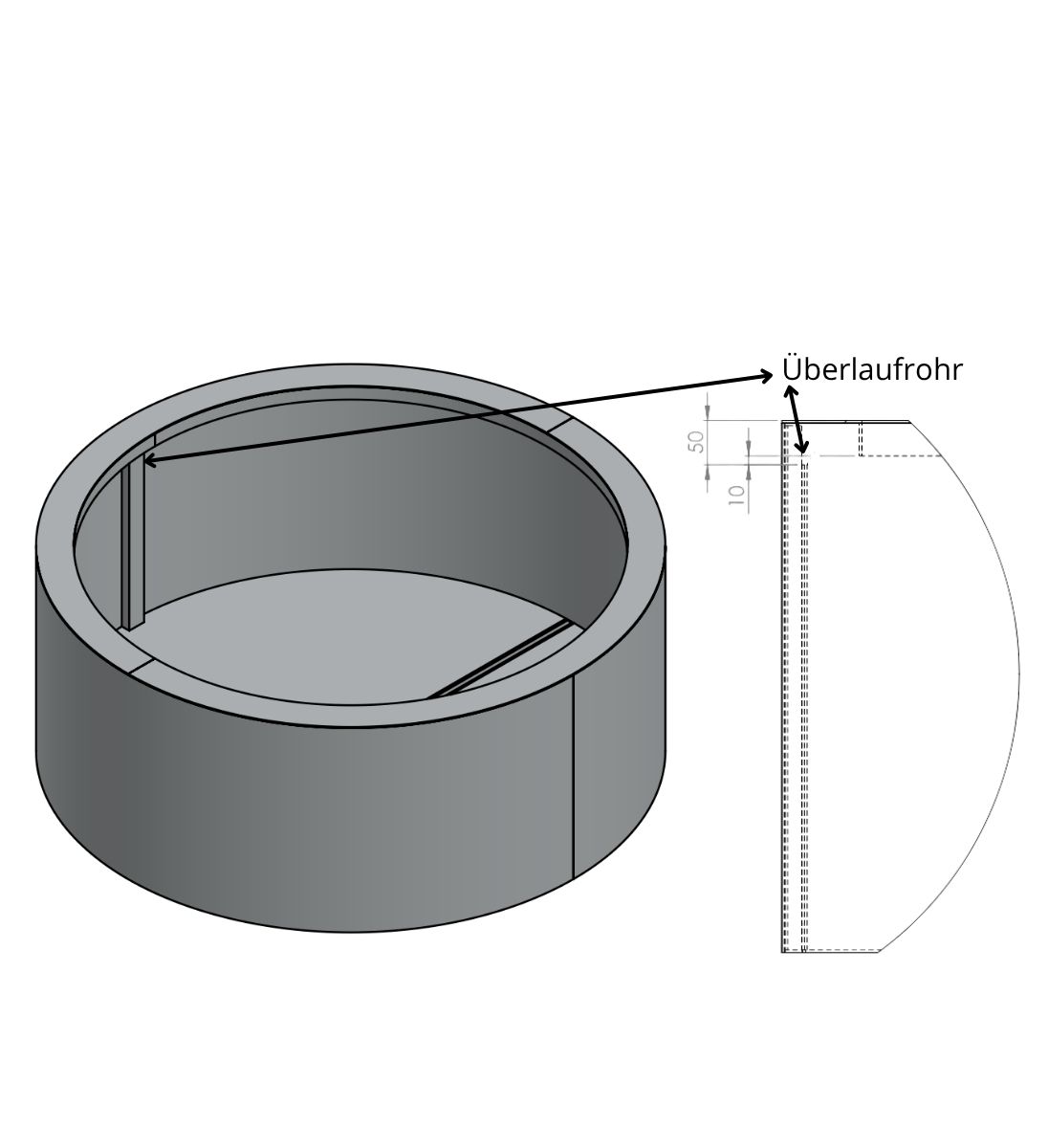 Technische Zeichnung des runden Hochteichs aus Aluminium - Ansicht und Position des Überlaufrohrs