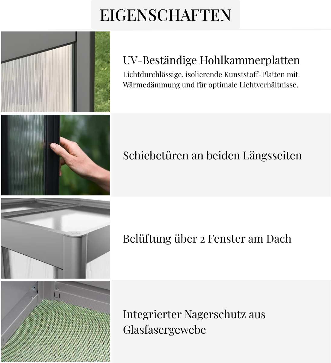 Biohort FLORENTINA Gewächshaus Eigenschaften auf einen Blick