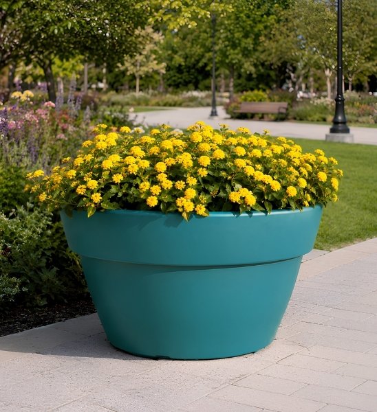 Blumenschale XXL ROMEO in Wasserblau zur Stadtgestaltung von Parkflächen eingesetzt