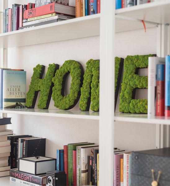 Buchstaben aus Moos als Schriftzug HOME als Regaldeko