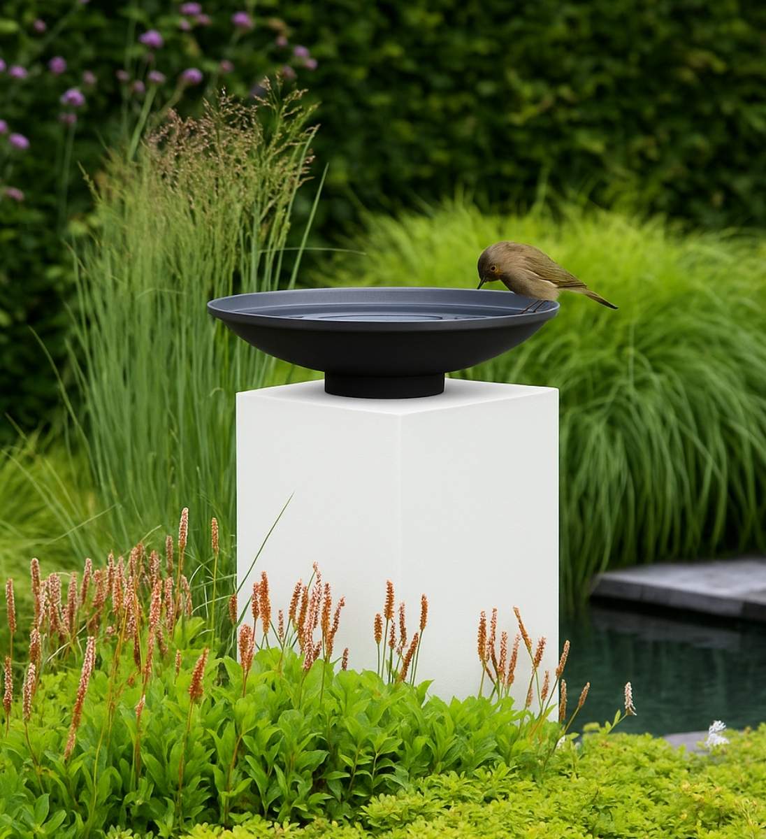 Aluminium Säule mit Wasserschale als Design Gartendeko Element