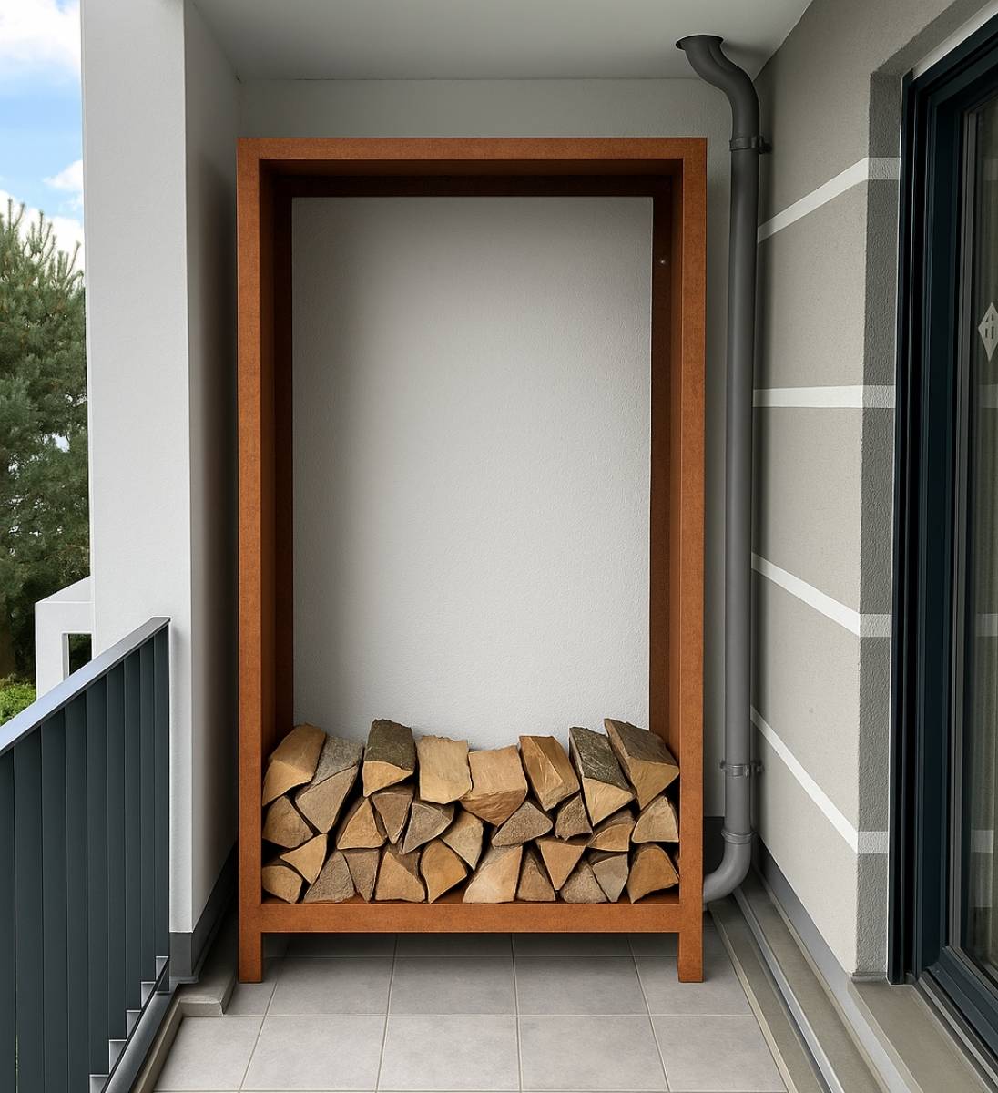 Kaminholzlager für Balkonwand 100 cm breit aus Cortenstahl