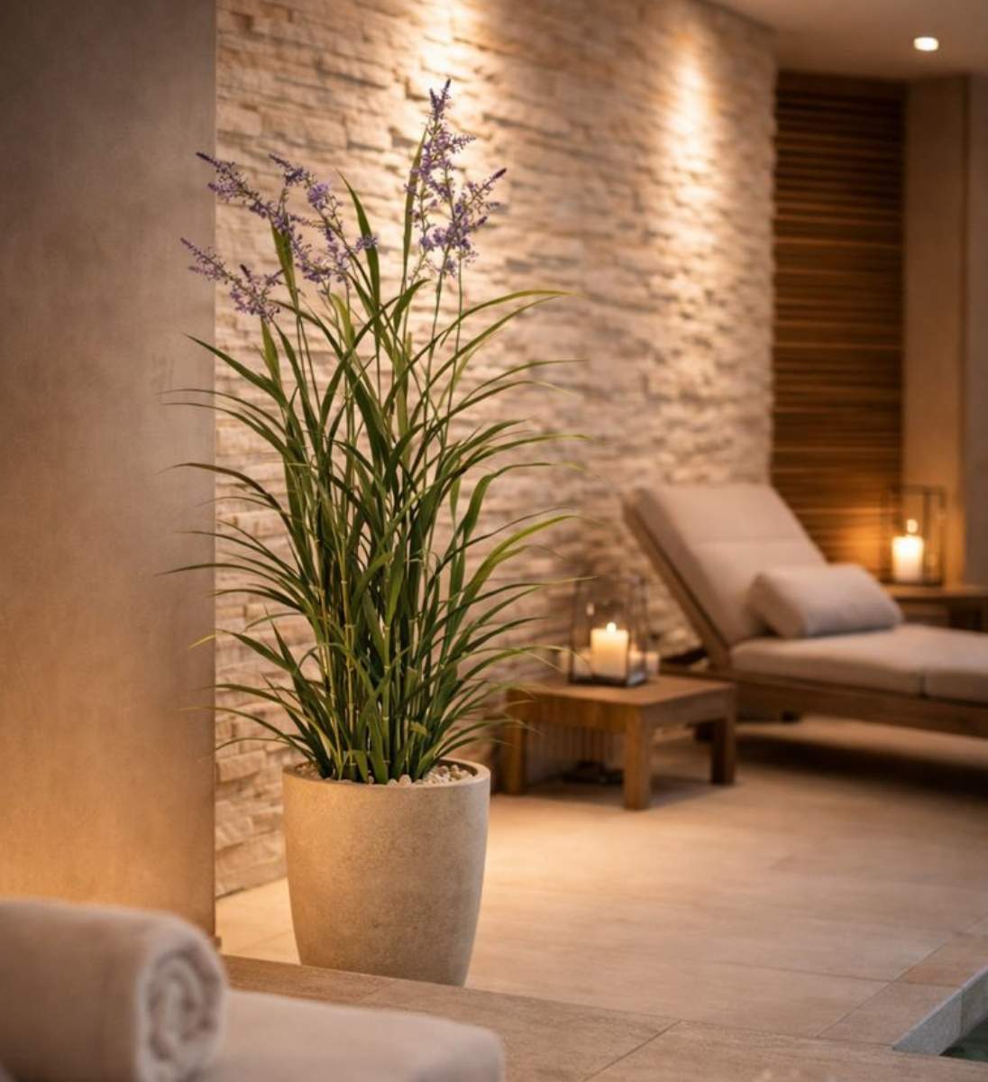 Ziergras Kunstpflanze mit Lavendelblueten für Spa und Wellness Bereiche