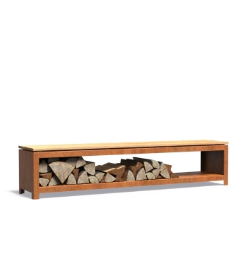Gartenbank aus Cortenstahl mit Holzlager 2 m lang