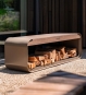 Holzlager Bank aus Aluminium mit Bambus Sitzfläche und Stauraum für Kaminholz