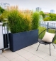 Pflanzkuebel Raumteiler Fiberglas Anthrazit auf Terrasse als Sichtschutz mit Schilfgras