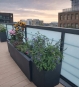 Rechteckiger Fiberglas-Pflanzkübel in Anthrazit auf einer Terrasse bepflanzt